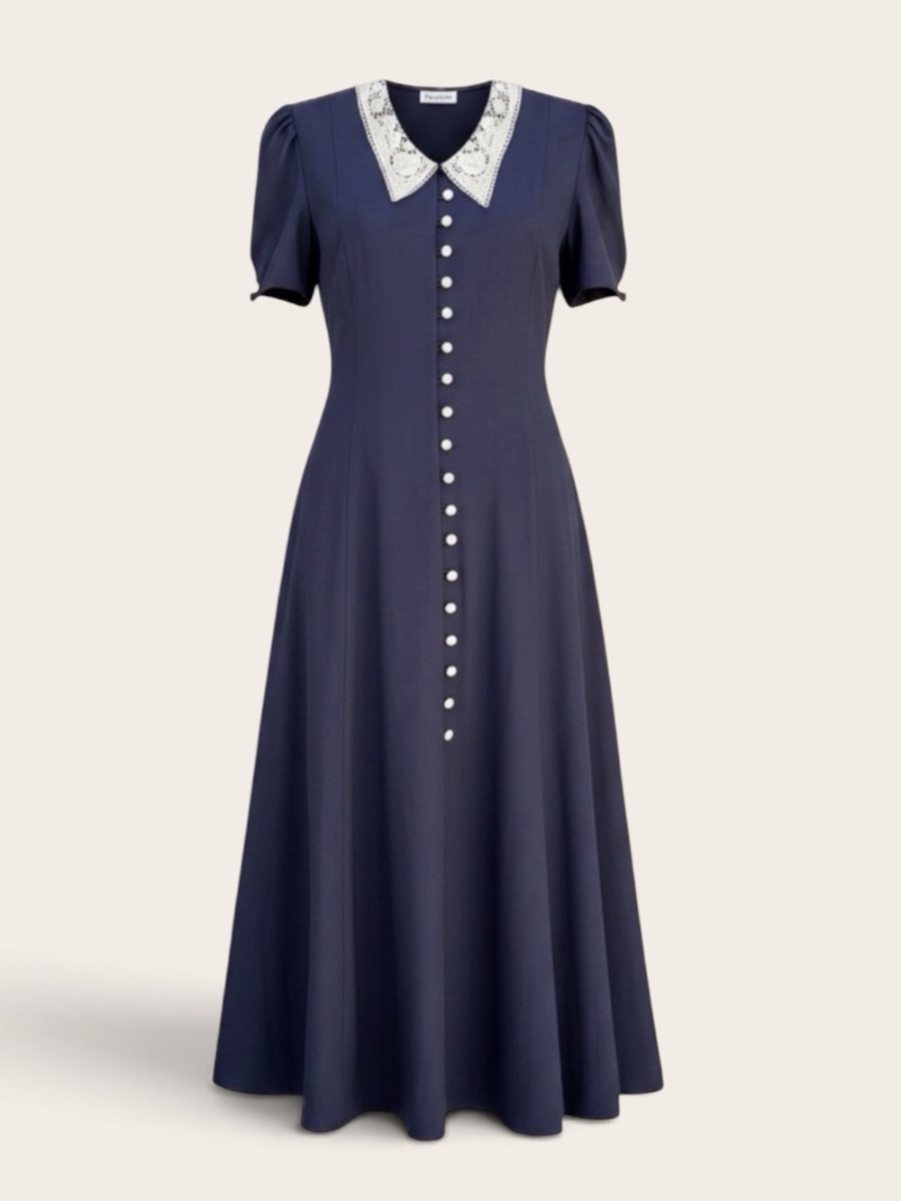 VINTAGE Navy Prairie Maxi Dress Lace Collar Pearl Buttons Rose Appliqué Sz 12